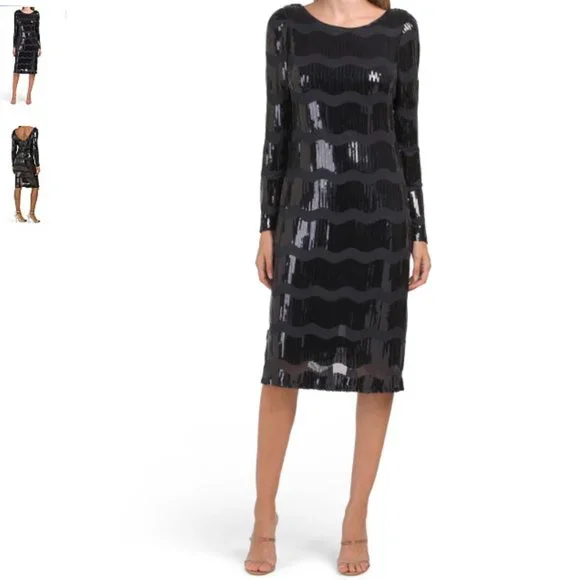 New NANETTE NANETTE LEPORE Wavy Sequin Striped Long Sleeve Dress size 8 Navy - Picture 2 of 6